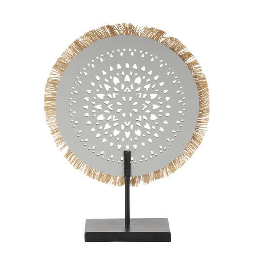 17.75" Gray Wooden Tribal Handmade Seagrass Fringed Decorative Sculpture with Black Base